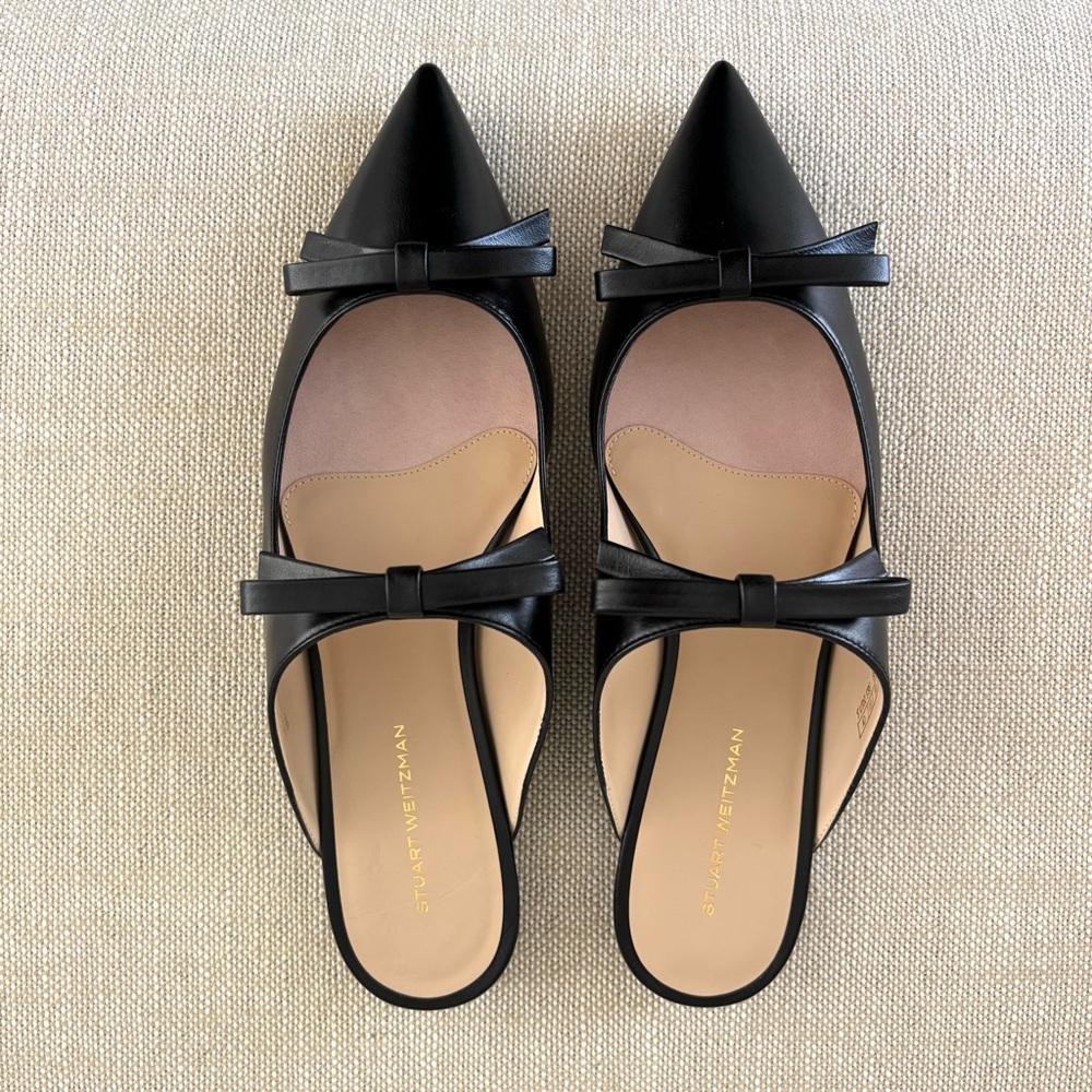 Stuart Weitzman Reese Flat Slide NIB Black Leather Mary-Jane Bows Pointy Toes 8 - Picture 7 of 15